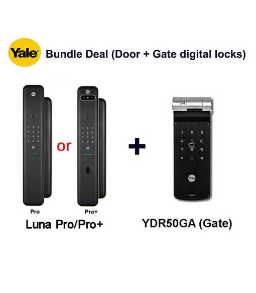 Yale Luna Pro/Pro+ digital door lock and YDR50GA (Gate) digital gate lock bundle deal.